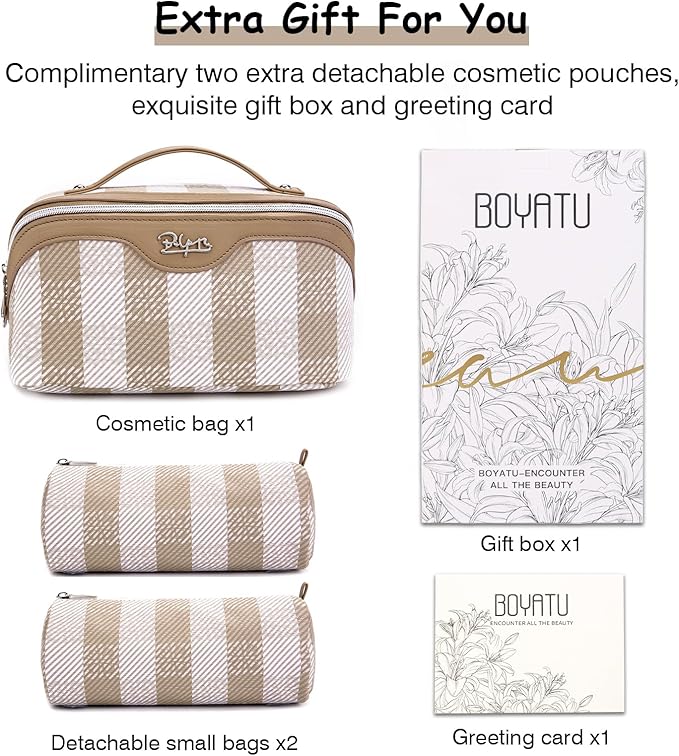 BOYATU Travel Makeup Bag Organizer Cosmetic Bag: 3 Pcs Set Make up Bags for Women with Handle - Waterproof Vegan Leather Toiletry Bags Travel Essentials Pouch with Compartments (F-04-Brown)