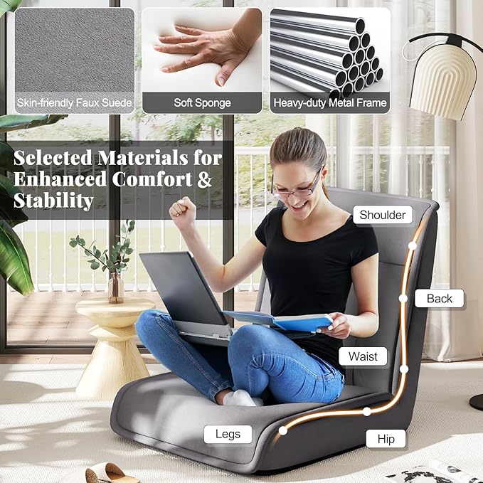 COSTWAY Folding Floor Chair, Convertible Lazy Sofa Chair with 14-Poistion Adjustable Backrest, 5-Position Adjustable Headrest, Cushioned Floor Gaming Chair for Adults, Reading, Meditating (Grey)