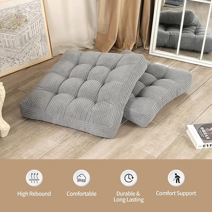 22 inches Meditation Pillow, Square Large Floor Cushions for Adults, Thick Corduroy Floor Pillows for Sitting, Yoga, Living Room, Sofa, Tatami, LightGrey