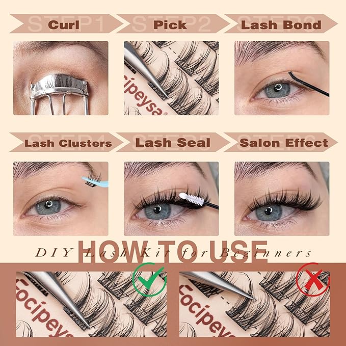 Focipeysa Fairy Eyelash Extension Kit with Lash Bond Seal Wispy Lash Clusters Kit Natural Look Lash Extensions 10-16mm Clusters Eyelashes Extensions Wispy Lash DIY Salon Effect Lash Extension