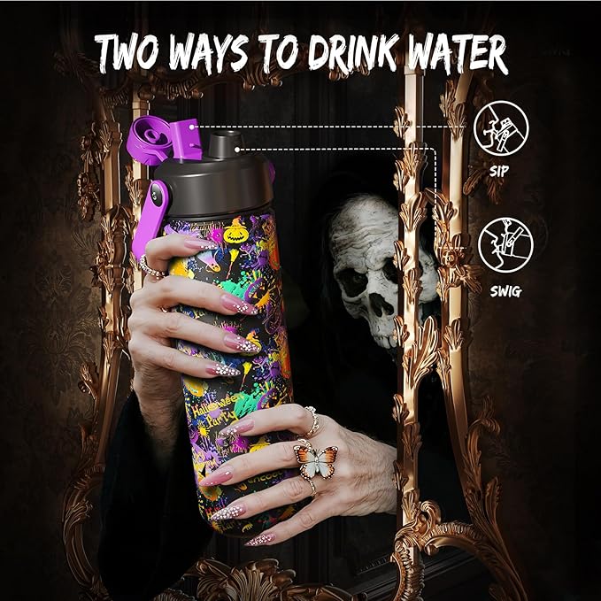 Halloween Insulated Water Bottle with Straw, Stainless Steel Water Bottle, Leak Proof BPA-Free, Keeps Cold for 24 Hours for Sports, Skull Spooky Holiday Gifts (26 oz, Ghost Party)