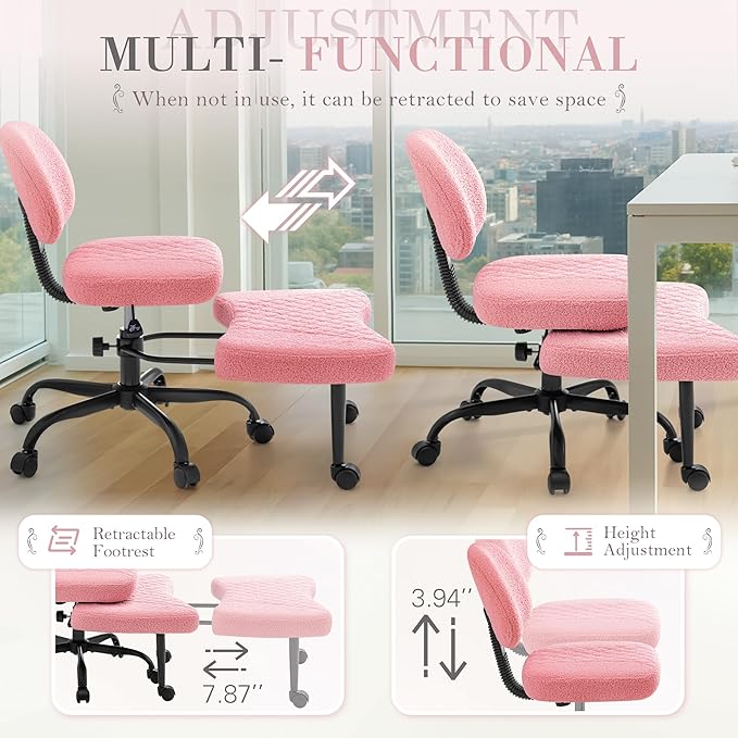 Furmax Ergonomic Criss Cross Legged Office Chair with Wheels, 360°Swivel Adjustable Height Kneeling Desk Chair with Footrest for ADHD, Yoga, Meditation, Home Office (Teddy Fabric, Pink)