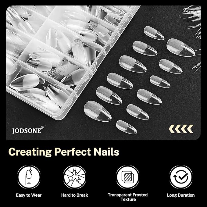 JODSONE Droplet Shape Nail Tips Soft Nail Gel Tips Full Cover Half Matte Clear Gelly Press on Flase Nail Tips for Extension Nail Manicure 12 Sizes 240Pcs