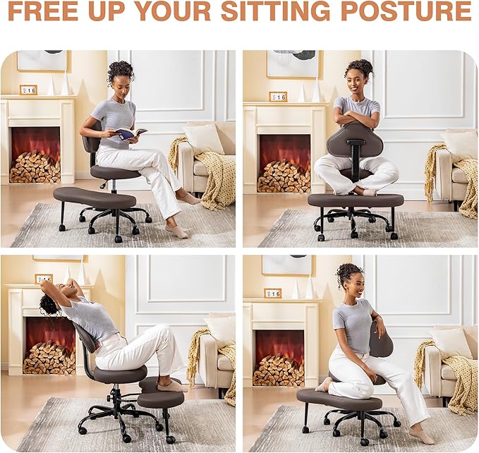 Cross Legged Office Chair, Criss Cross Desk Chair ADHD Meditation Kneeling Yoga Seat with Adjustable Height, Lumbar Support, Wider Footrest and Wheels (Dark Brown)