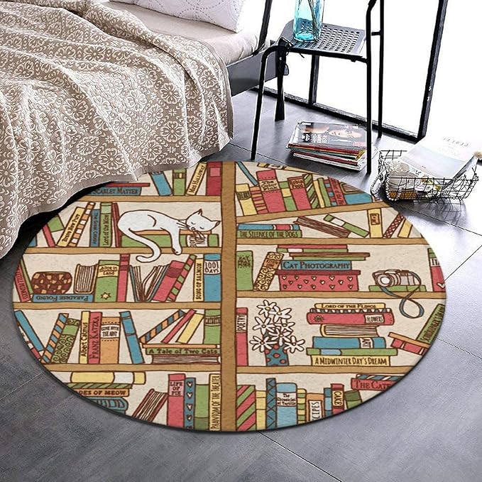 Large Home Decor Mat, Soft Round Yoga Carpet, Non-Slip Machine Washable Home Office Circle Rug Compatible with Sleeping Cat Library Bookshelf