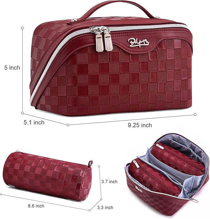 BOYATU Travel Makeup Bag Organizer Cosmetic Bag: 3 Pcs Set Make up Bags for Women with Handle - Waterproof Vegan Leather Toiletry Bags Travel Essentials Pouch with Compartments (C-11-Red)