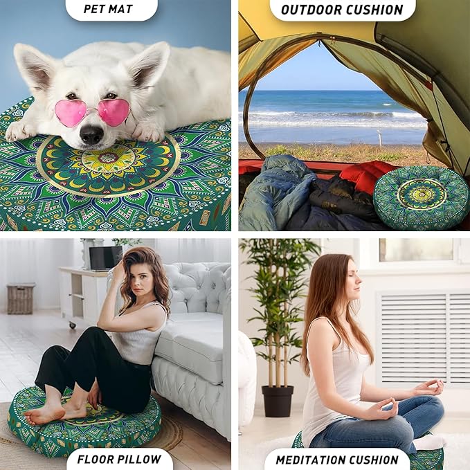 Mandala Meditation Cushion, Boho Meditation Mat, Meditation Pillows for Sitting on Floor, Cushions for Sitting in Home and Outdoor, Round Floor Pillows Cushion Seating for Yoga 22'' X 22''