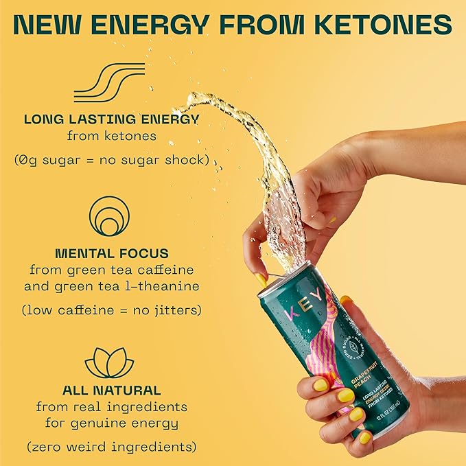 KEY Ketone Energy Drink - Sugar Free, 80mg Low Caffeine, All Natural, 11.5g Ketones, Long Lasting Energy, Green Tea & L-Theanine for Mental Focus, Pineapple Passionfruit (Pack of 12)