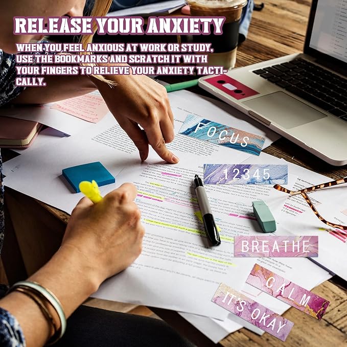 Crtiin 50 Pieces Anxiety Sensory Stickers for Anxiety Relief Items Mental Health Stickers Fidget Textured Strips for Office Classroom Desk Relieve Adult Stress(Mable Style)