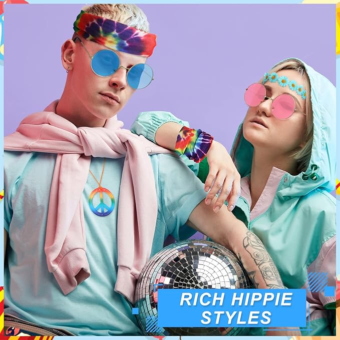 Kenning 36 Pcs Hippie Costume Accessory Set 60s 70s Peace Necklaces Sunflower Headband for Women Retro Round Sunglasses Bandana Headband for Men Hippie Dressing for Carnival Party Supplies (Classic)