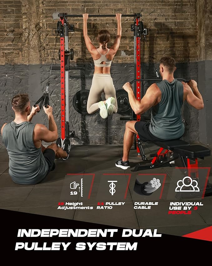 Folding Power Rack, Wall Mounted Squat Rack with Dual Independent Pulley System, Multi-Function Power Cage with 5 Adjustable Function Modes, Power Rack Trainer for Space Saving Home Gym