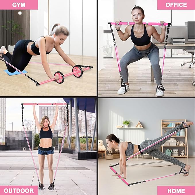 Pilates Bar Kit with Resistance Bands,Ab Roller,2 in 1 Foot Strap & Handle,Door Anchor Pilates Equipment with Resistance Bands, Portable Home Gym Yoga Fitness Bar for Women & Men