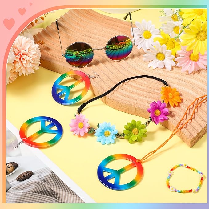 Batiyeer 6 Pcs Hippie Costume Accessories Set, Boho Peace Sign Daisy Flower 60s 70s Party Favors Decor for Groovy Party Women