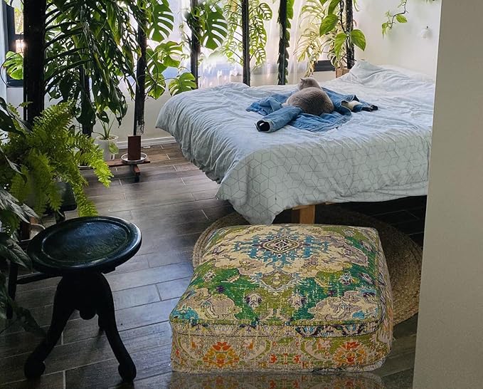 Mandala Life ART Moroccan Pouf Ottoman Cover Green Square Meditation Pillow Case Boho Room Décor Moroccan Seating Area Perfect for Living Room, Bedroom, Nursary or Children Room Cotton 24x8 Unstuffed