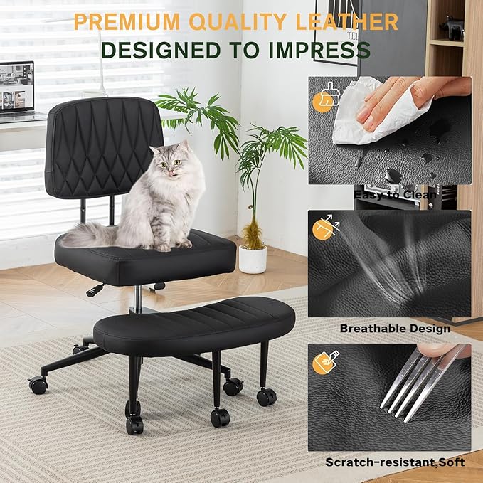 Ergonomic Cross Legged Office Chair with Wheels, Wide Seat and Backrest for Meditation, ADHD Cross Legged Office Chair with Adjustable Height, 360°Rotating Footrest for Yoga Home Office