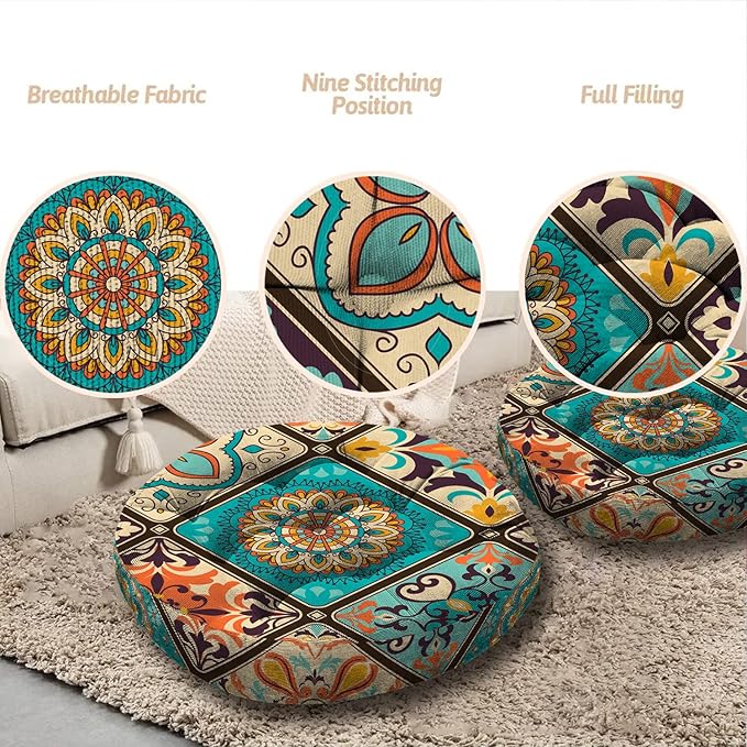 Mandala Meditation Cushion, Boho Meditation Mat, Meditation Pillows for Sitting on Floor, Cushions for Sitting in Home and Outdoor, Round Floor Pillows Cushion Seating for Yoga 22'' X 22''