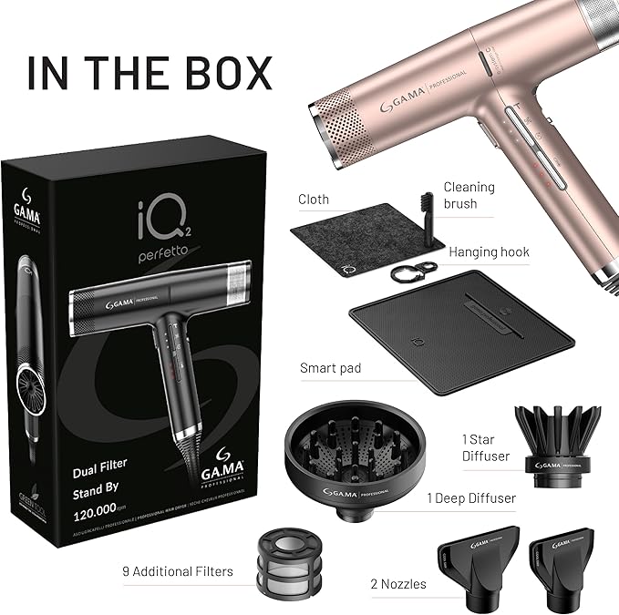 GA.MA iQ2 Perfetto Hair Dryer with 120,000 RPM Intelligent Turbo Motor, Auto-Standby, Oxy Active Technology, Includes 10 Filters, Rose Gold