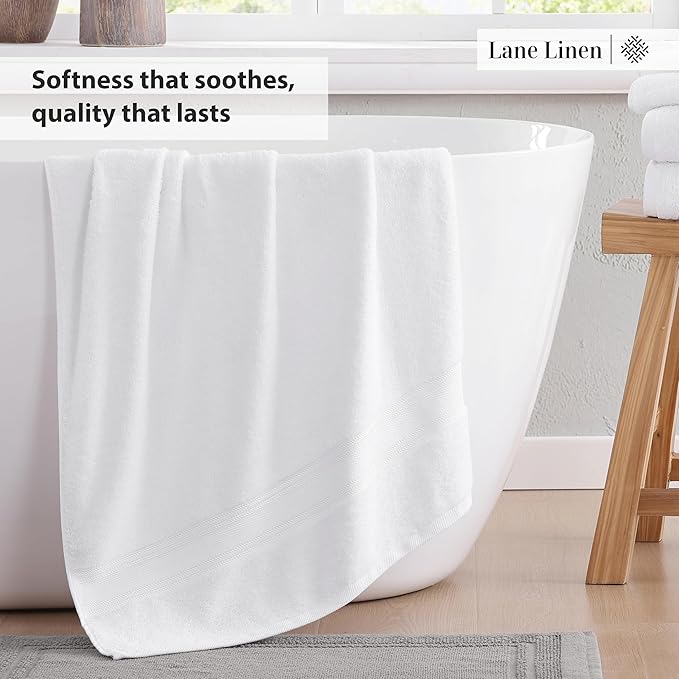 LANE LINEN Luxury Bath Towels Set - 6 Piece 100% CottonBathroom Zero Twist Shower Extra Absorbent Towel Super Soft 2 Hand Wash Cloths White