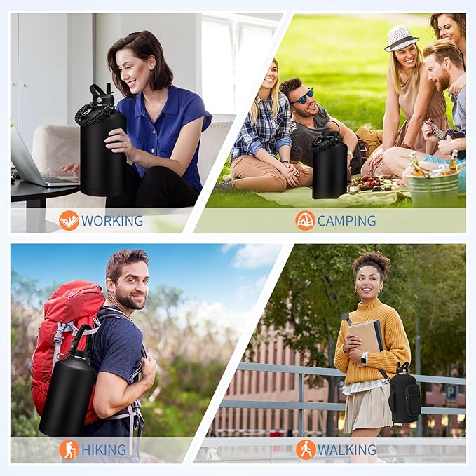 1 Gallon Insulated Water Jug w/ Straw - Double Wall Vacuum Insulated Black Water Bottles 128 oz, Gallon Water Bottle w/Paracord Handle, Protective Boot, Water Bottle w/ Strap Gym Work Travel