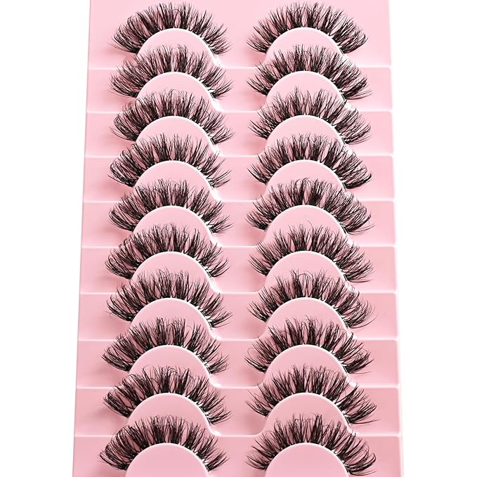 Lashes False Wispy Eyelashes Natural Cat Eye Lash Strips 10 Pairs Fake Mink Eyelash Pack 8-15mm Natural Look Fluffy Strip Lashes Clear Band Easy Eyelashes for Beginners with Cluster Looking