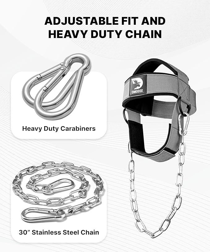 DMoose Fitness Neck Harness for Weight Lifting - Soft Padded Head & Chin Strap with 30" Heavy Duty Steel Chain - Neck Exerciser, Trainer & Strengthener to Support Injury Recovery and Intense Workouts