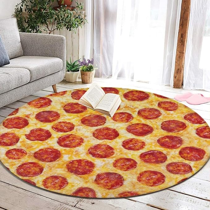 Large Machine Washable Circular Rugs, Home Decor Round Mat for Living Room Sofa Office Compatible with Pepperoni Pizza