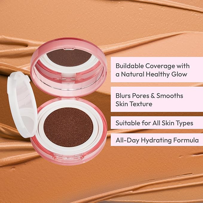 Ruby Kisses Cushion Foundation, Full Coverage Korean Makeup, Lightweight & Long Lasting, All Day Natural Glowy Finish for All Skin Types with Hyaluronic Acid & Bakuchiol (Deep Honey, 0.52 Ounce)