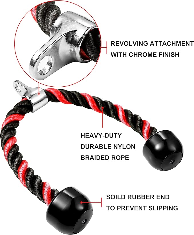 Deluxe Tricep Rope Pull Down Cable, 27 & 36 Inch Rope Length, Easy to Grip & Non-Slip Cable Attachment for Gym Workout Exercise