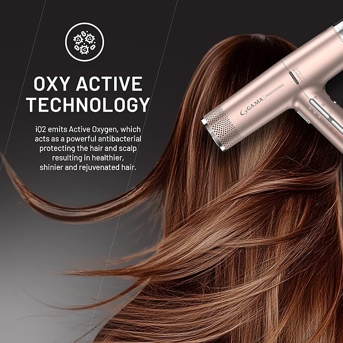 GA.MA iQ2 Perfetto Hair Dryer with 120,000 RPM Intelligent Turbo Motor, Auto-Standby, Oxy Active Technology, Includes 10 Filters, Rose Gold