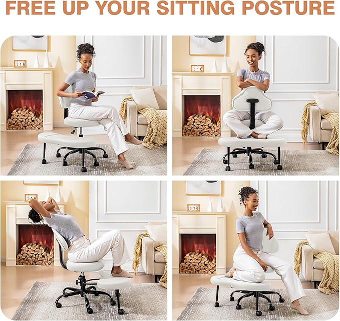 Cross Legged Office Chair, Criss Cross Desk Chair ADHD Meditation Kneeling Yoga Seat with Adjustable Height, Lumbar Support, Wider Footrest and Wheels (White)