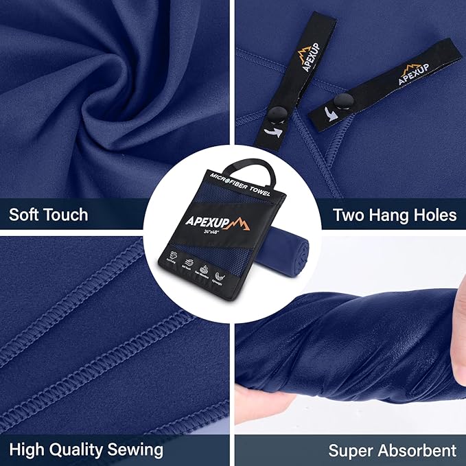 APEXUP Microfiber Travel Towel, Ultra Absorbent Quick Dry Towels, Lightweight Gym Sports Camping Towel for Workout, Yoga, Beach, Shower, Swimming (72"×40", Navy Blue)