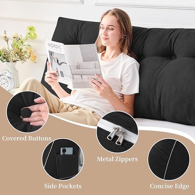 Sasttie Headboard Pillow Full, Wedge Pillow Headboard for Sitting Up in Bed, Back-Rest Support Triangular Cushion for Reading - Features Removable Washable Cover, Black