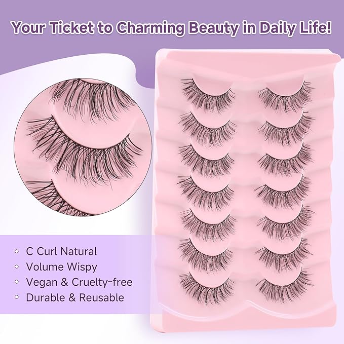 Lashes False Eyelashes Natural Lashes 13mm Short Eyelashes with Thin Memory Band Volume Wispy Lashes Soft Strip Lashes Pack C Curl Natural Eyelashes Fake Lashes 7 Pair EVENTILL