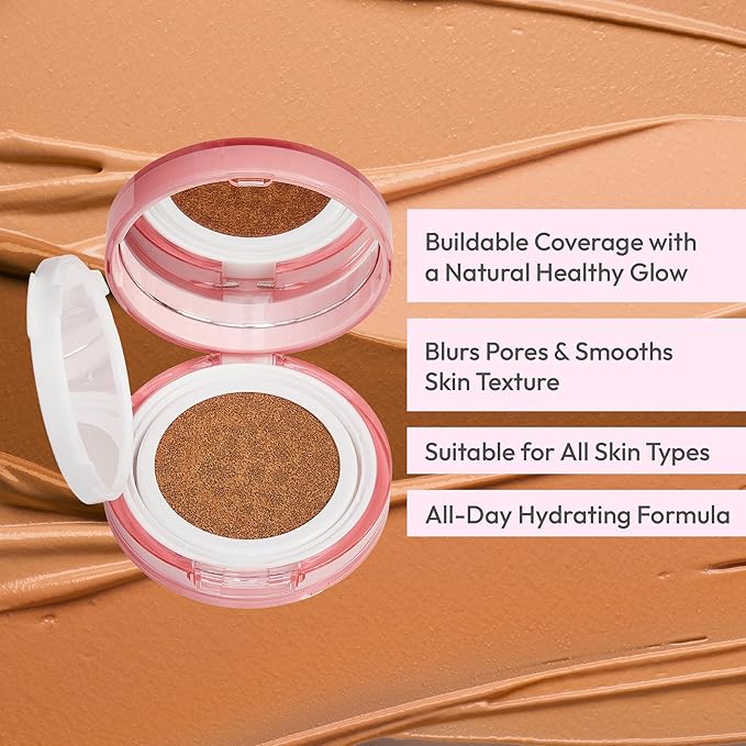 Ruby Kisses Cushion Foundation, Full Coverage Korean Makeup, Lightweight & Long Lasting, All Day Natural Glowy Finish for All Skin Types with Hyaluronic Acid & Bakuchiol (Soft Tan, 0.52 Ounce)