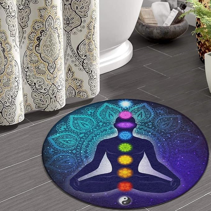Large Home Decor Mat, Soft Round Yoga Carpet, Non-Slip Machine Washable Home Office Circle Rug Compatible with Nine Chakra Yoga Meditation Lotus Blue Mandala