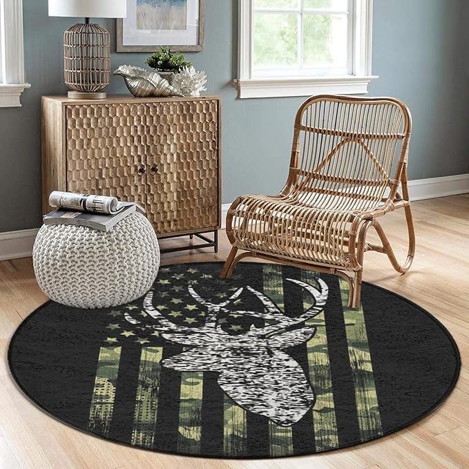Large Home Decor Mat, Soft Round Yoga Carpet, Non-Slip Machine Washable Kitchen Office Circle Rug Compatible with Deer Camo Camouflage American Flag Hunting Black