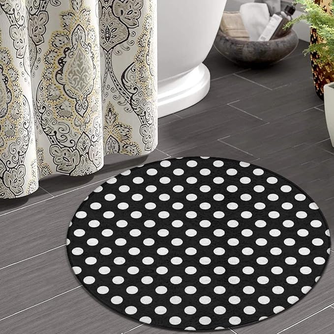 Large Home Decor Mat, Soft Round Yoga Carpet, Non-Slip Machine Washable Home Office Circle Rug Compatible with White Black Polka Dots