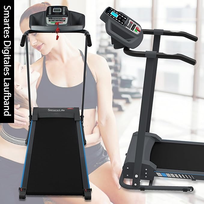 SereneLife Electric Folding Treadmill Exercise Machine - Smart Compact Digital Fitness Treadmill Workout Trainer w/Bluetooth App Sync, Manual Incline Adjustment, for Walking, Running, Gym