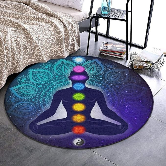 Large Home Decor Mat, Soft Round Yoga Carpet, Non-Slip Machine Washable Home Office Circle Rug Compatible with Nine Chakra Yoga Meditation Lotus Blue Mandala