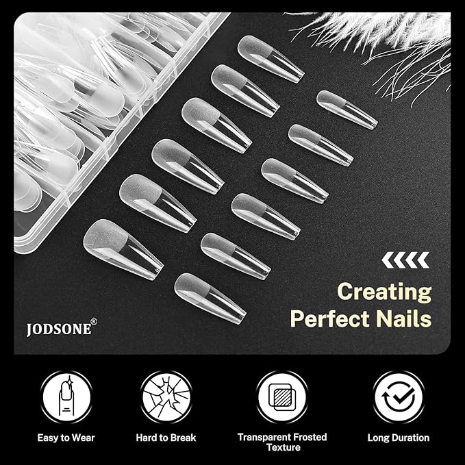 JODSONE Long Straight Nails Tips Full Cover Soft Gel Nail Tips for Professional Pre-shaped Straight Shape False Nail Half Matte Fake Nail 240PCS 12 Sizes