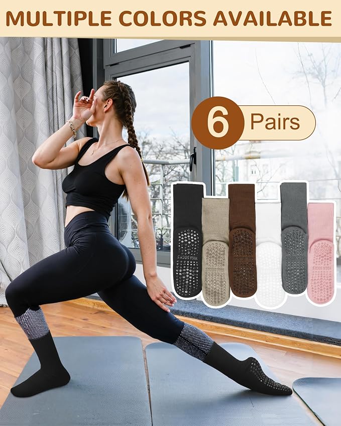 Justay 6 Pairs Pilates Socks with Grips for Women Soft Non Slip Crew Cotton Athletic Workout Barre Hospital Yoga Socks