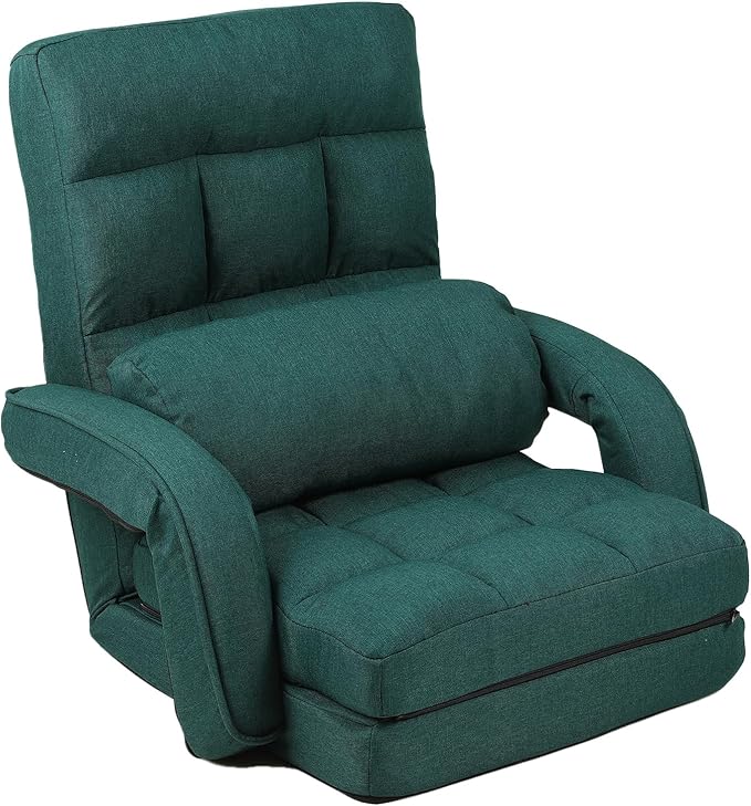 FLOGUOR 14-Position Adjustable Floor Chair, Chaise Lounge Indoor, Folding Lazy Sofa with Armrests and a Pillow Padded Adults Gaming Chairs for Living Room, Bedroom Factory Price, 8803XM (Green)