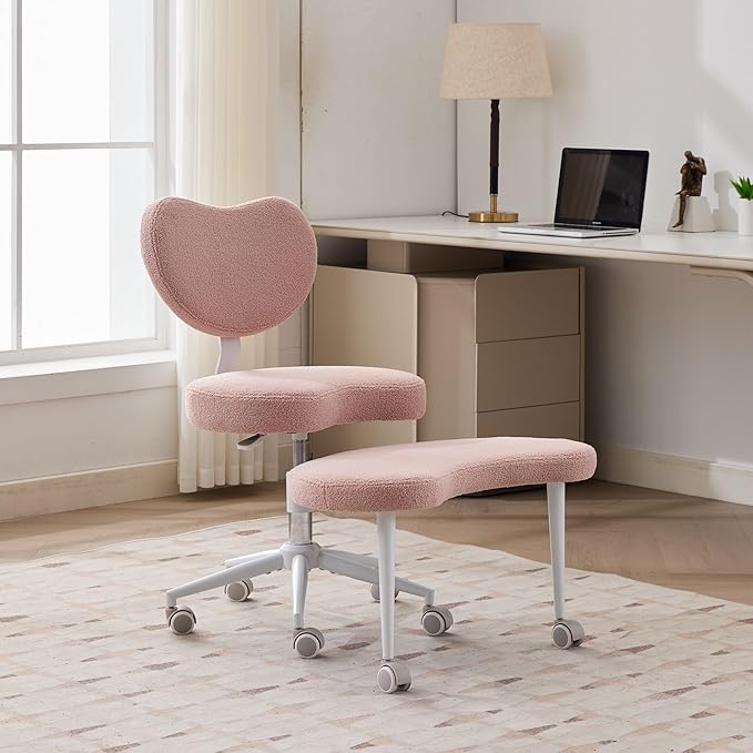 Cross-Legged Meditation Chair with Wheels, Adjustable Desk Chair for Home Office, Ergonomic Floor Seat for ADHD & Yoga, Criss Cross Chair with Lumbar Support, Memory Foam Cushion (Pink-Teddy Fabric)