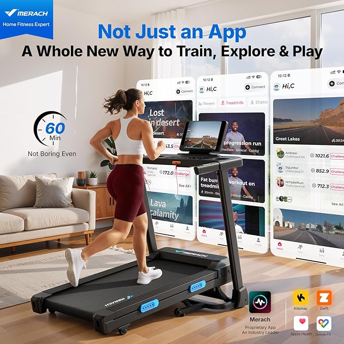 MERACH Treadmills for Home with Incline 6%-15%, 300 LBS Capacity Double Deck Foldable Treadmill with Incline, 0.5-7.5MPH Quiet 2.5HP Brushless Incline Treadmill LED Display with Smart APP