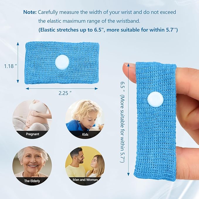 Motion Sickness Wristband, Anti-Nausea Acupressure Wrist Band for Nausea Relief, Dizziness and Vomiting from Car Sea Boat Flying Travel Sickness for Adults and Kids (Light Blue, Large, 2 Pairs)
