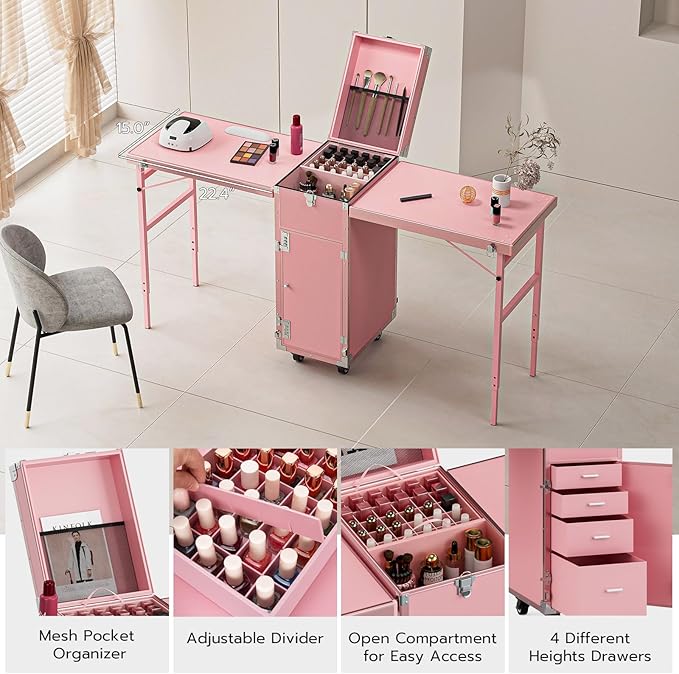 Icoget Portable Nail Table Desk, Foldable Rolling Manicure Table with Wheel, Makeup Train Case for Nail Teach, 2 Desktop Cosmetic Trolley Case, Pink