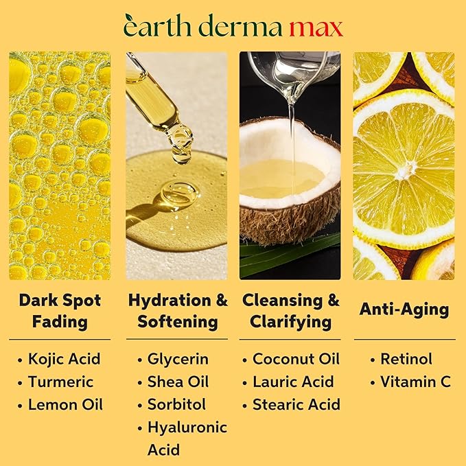 Earth Derma Max Beauty Turmeric & Kojic Acid Dark Spots Fading Bar, Extra Strength Formula with Retinol, Vitamin C, Shea Oil, Designed in USA