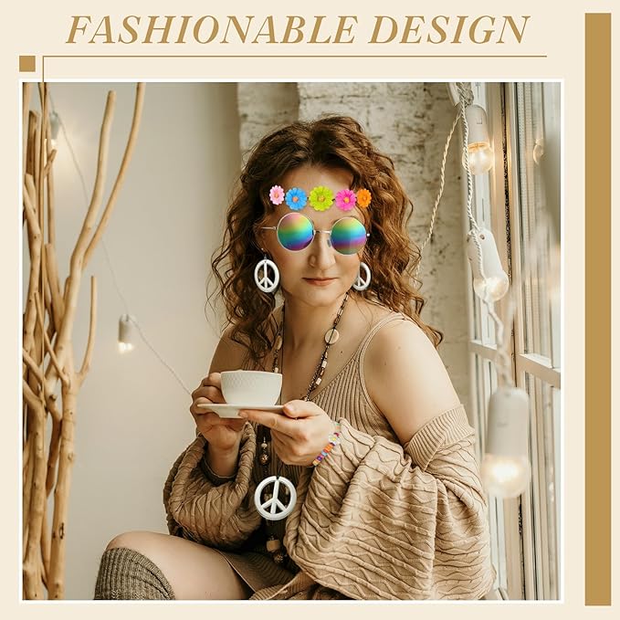 Batiyeer 6 Pcs Hippie Costume Accessories Set, Boho Peace Sign Daisy Flower 60s 70s Party Favors Decor for Groovy Party Women