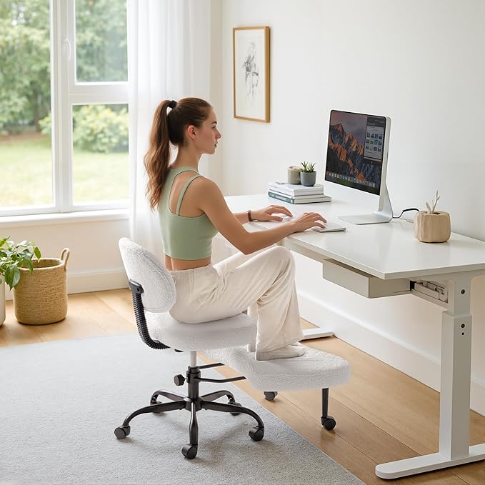 Furmax Ergonomic Criss Cross Legged Office Chair with Wheels, 360°Swivel Adjustable Height Kneeling Desk Chair with Footrest for ADHD, Yoga, Meditation, Home Office (Teddy Fabric, White)