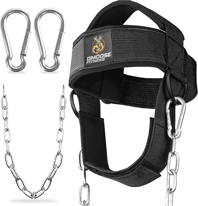 DMoose Fitness Neck Harness for Weight Lifting - Soft Padded Head & Chin Strap with 30" Heavy Duty Steel Chain - Neck Exerciser, Trainer & Strengthener to Support Injury Recovery and Intense Workouts